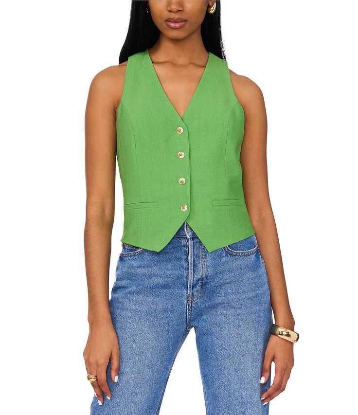 From 1. STATE&#x2C; this vest features:V-necklineSleeveless Button front closurePolyesterMachine wash/tumble dry Imported. Fitted V-neck Vest For Spring, Green Fitted Tank Top For Work, Fitted Sweater Vest With Button Closure For Spring, Spring Tank Vest With Buttons, Classic Spring Tank Top With Button Closure, Fitted Tank Vest With Buttons, V-neck Buttoned Tank Top For Work, V-neck Tank Top With Buttons For Work, Sleeveless Cotton Vest With Snap Buttons