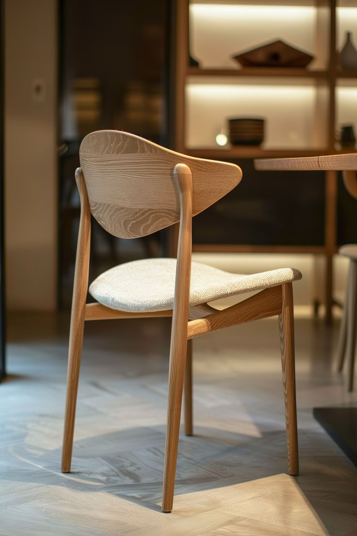 a wooden chair sitting on top of a white floor next to a table and shelves