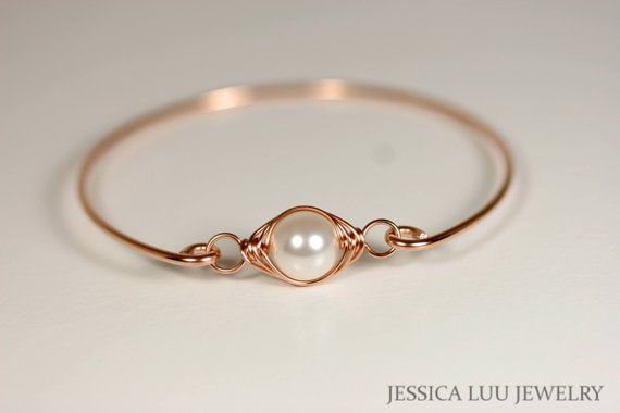 Rose Gold White Pearl Bangle Bracelet Wire Wrapped Jewelry White Wire Wrapped Bangle Bracelet, Elegant White Wire Wrapped Pearl Bracelet, Elegant Adjustable Wire Wrapped Pearl Bracelet, Elegant Wire Wrapped Pearl Bangle Bracelet, Elegant Adjustable Wire-wrapped Pearl Bracelet, Pearl Bangle Bracelet, Bridal Bracelet Pearl, Rose Gold Bangle, Pearl Bangle