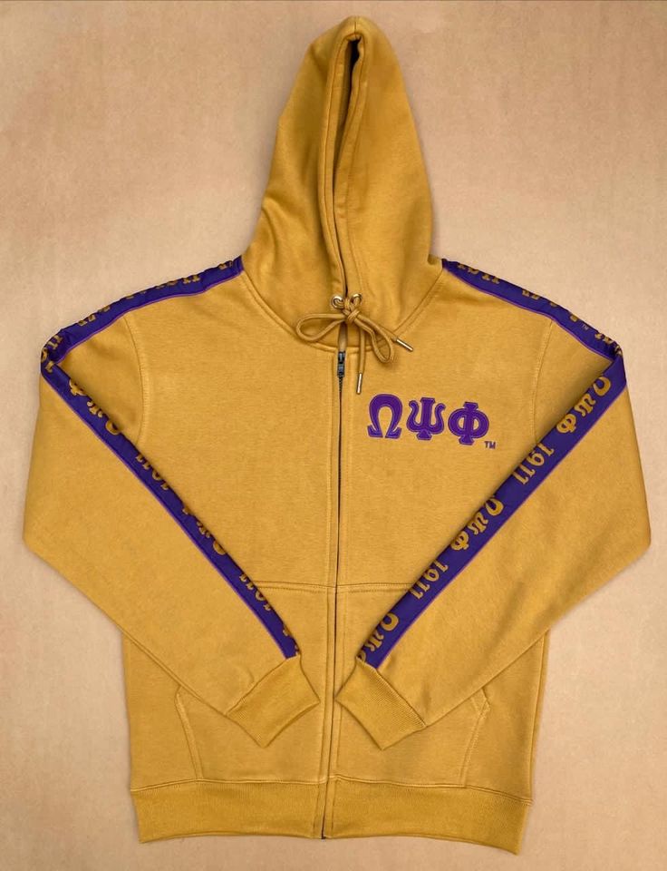 - Hooded 80/20 cotton/poly fleece Omega Psi Phi, Hooded Jacket, Athletic Jacket, Gold