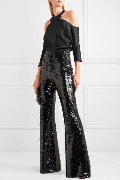 Sequin Trousers Outfits, 70 Disco, Sequins Pants Outfit, Sequins Pants, Black Sequin Pants, Sequin Trousers, Cocktail Attire For Women, Aquazzura Sandals, Jimmy Choo Clutch