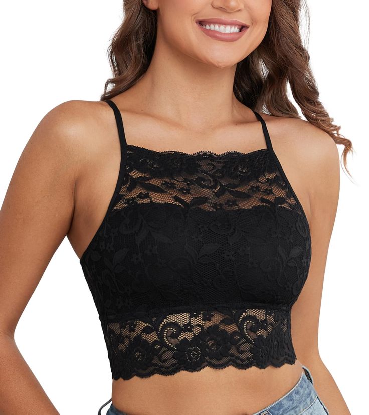 PRICES MAY VARY. ♪SUPERB MATERIALS：94% Polyamide, 6% Spandex. Delicate lace fabric, soft and breathable, comfortable to wear all day long. ♪Beautiful Racerback: Special features a hollow back design, show off your beautiful back with confidence. ♪High Neck Design: High-Neck lace bralette and crop top design，showcasing your sexy and charming figure. ♪Multiway Wearing: This Lace Bralette suitable for both women and girls, perfect for casual wear, great as a base or as a sexy short top to wear. ♪Ou Crop Top Design, Bra Image, Crop Top Designs, High Neck Designs, Top Bra, Crop Top Bra, Everyday Bra, Neck Lace, Top Design