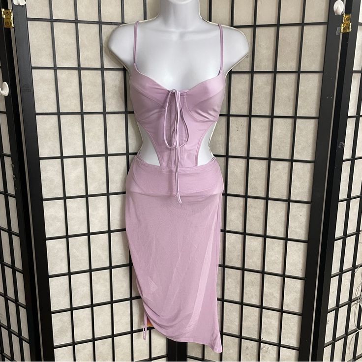 Ladies, Purple Bodycon Midi Sheath Dress Has Spaghetti Straps, And A Cut Out Around The Waist By Sheen Size Medium (Nwt) Solid Two-piece Party Dresses, Solid Two-piece Summer Dresses, Two-piece Solid Color Summer Dress, Two-piece Dress For Night Out In Spring, Solid Two-piece Dresses For Spring, Casual Two-piece Dress For Night Out, Summer Two-piece Midi-length Dress, Two-piece Midi Length Summer Dress, Summer Two-piece Midi Dress