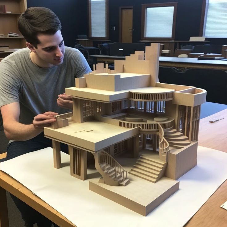 a man standing next to a model of a house