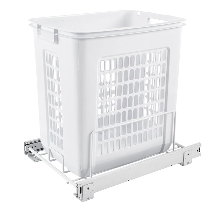 a large white basket sitting on top of a metal rack