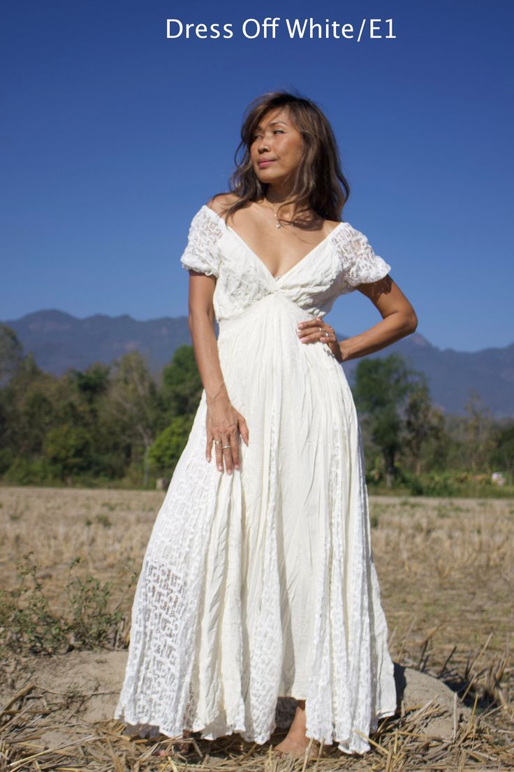 Handmade bohemian v neck maxi dress with floor length full circle skirt. There is the lace between a skirt with lining inside. Puffy lace sleeves. Elastic waist. 100% soft Cotton. There is 3 colors White and Off White and black. NOTE: Dress TK off white with white lace. waist 21 up to 45 inches. Dress SP off white with cream lace. waist 22 up to 46 inches. Dress E1 off white with white lace. Black color fabric and lace are black. PLEASE LEAVE YOUR PHONE NO. AND EMAIL ADDRESS. Measurements: Bust Flowy V-neck Dress For Beach Wedding, Bohemian V-neck Maxi Dress For Beach Wedding, Flowy Lace V-neck Maxi Dress, Bohemian Empire Waist Maxi Dress For Beach, Flowy V-neck Maxi Dress For Wedding, Bohemian V-neck Maxi Dress For Maternity, Flowy Bohemian Dress With Empire Waist, Bohemian Maternity Maxi Dress With V-neck, Fitted Bohemian Maxi Dress For Maternity