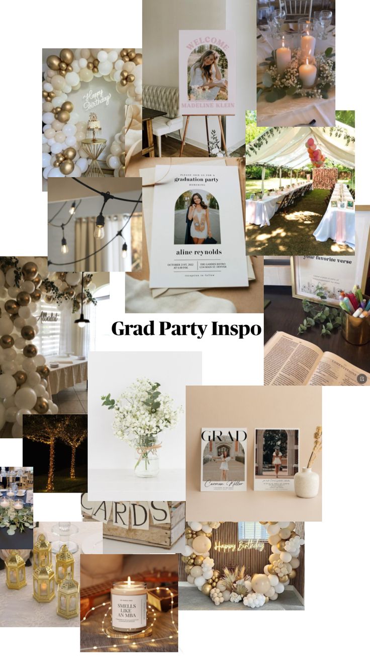 a collage of photos with the words grad party inspo