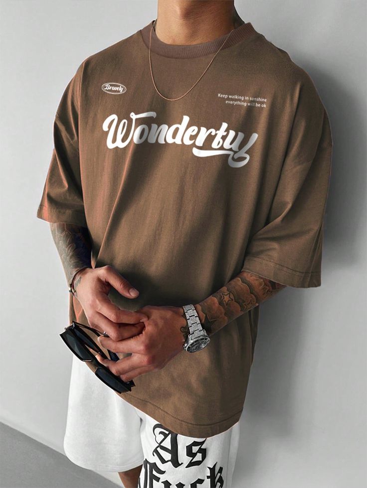 Brown Casual Collar Half Sleeve Fabric Slogan  Embellished Slight Stretch  Men Clothing Minimal Shirt Design, Streetwear Tshirt Design, Stylish Shirts Men, Rose Shirts, Drop Shoulder Tee, Shirt Design Inspiration, Tee Shirt Homme, Streetwear Tshirt, Tshirt Design