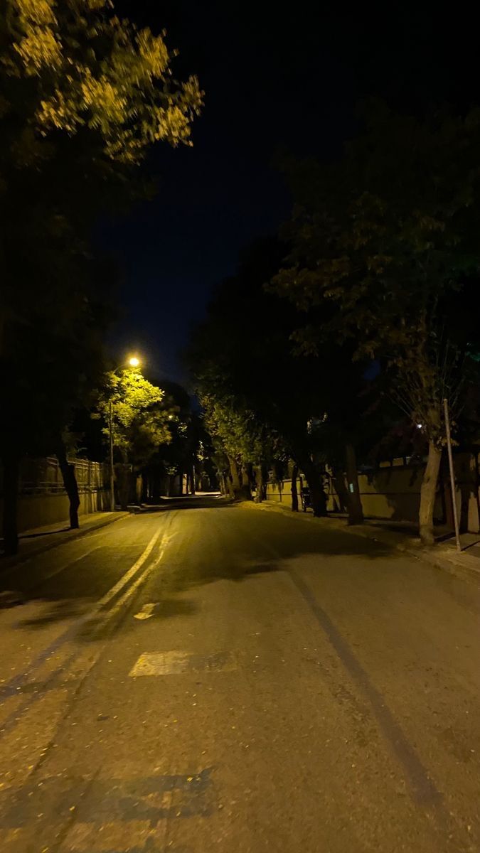 an empty street at night with the lights on and trees lining the road in front of it