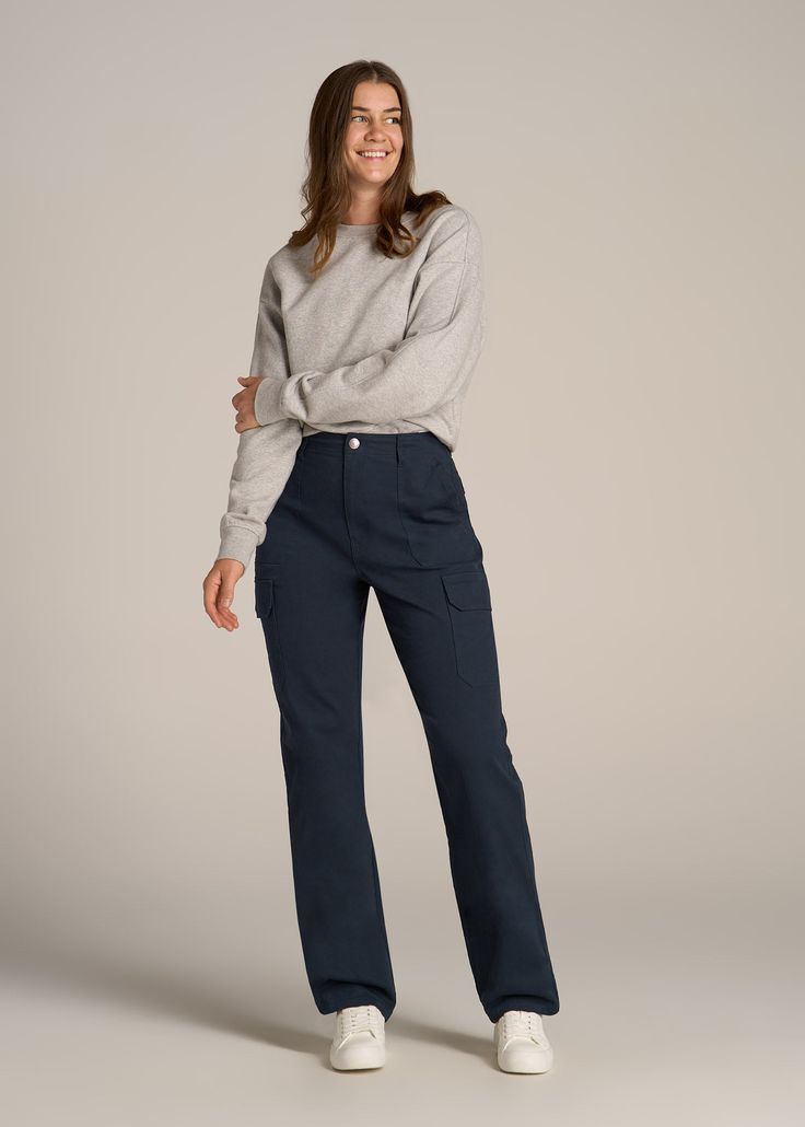 About Our Straight Leg Cargo Chino Pants for Tall Women The style and utility of a cargo pant meets an extra-long inseam on these chinos for tall women. Designed specifically for ladies from 5’9 to 6’6, they have a high rise and a straight leg that creates a modern, flattering fit. These women’s tall pants are made with stretch-infused cotton that’s been pre-washed and shrinkage controlled to make sure the silhouette stays perfect. Store everything you need for a day on the go with plenty of poc Women’s Chinos, Styling Chinos Women, Workwear Full-length Cargo Pants With Side Pockets, Cotton Full-length Cargo Pants For Work, High-waisted Workwear Bottoms With Flap Pockets, Full-length Parachute Pants With Multiple Pockets For Workwear, High-waisted Pants With Flap Pockets For Work, Full-length Parachute Pants With Multiple Pockets, Utility Chinos With Side Pockets