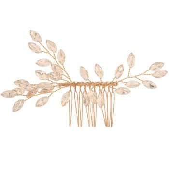 Vine Rhinestone Hair Comb will ensure that you create a unique hairstyle for your special day! Featuring a gold colored metal comb with bendable wires with leaf shaped rhinestones, this comb can be customized and embellished any way you see fit. Glide it into your perfect wedding day hairstyle!     Dimensions:    Length: 3"  Width: 4 3/4"      Package contains 1 comb. Communion Hairstyles, Rhinestone Hair Comb, Metal Comb, Personalized Thank You Cards, Rhinestone Hair, Wedding Bridal Party, Bride Accessories, Coin Pearls, Wedding Jewelry Bracelets