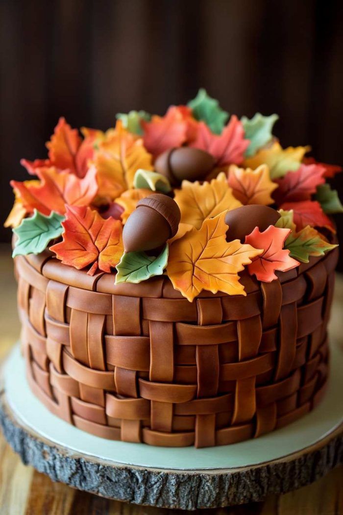 a cake decorated with fall leaves and acorns