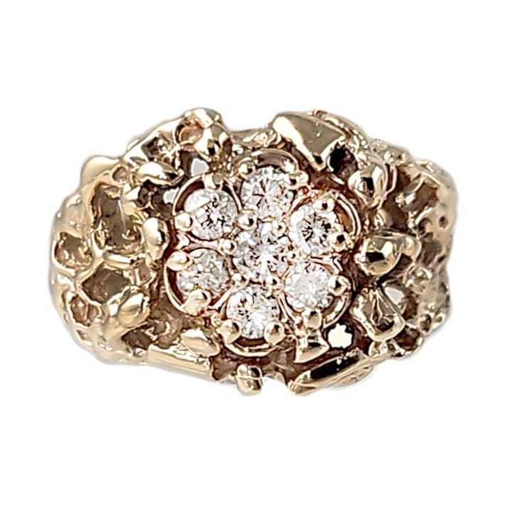 Rugged good looks! This vintage ring features a half carat total of natural diamonds set in solid 14K gold with a nugget-like texture. The seven diamonds are set in a round cluster in the center of the ring, which has a smooth, polished shank for comfortable wear. Vintage: 1980s Size: 9 1/4 Materials:  Solid 14k Yellow Gold, Diamonds Marked: 14K 7 Diamonds: round brilliant cut, approx. .5 ctw, avg. I-1 clarity -  Primary Diamond: approx. 3mm, .10 ct -  6 Secondary Diamonds: two are approx. 2.75mm, .16 ctw; four are approx. 2.5mm .24 ctw Width North to South: 9/16" Width East to West: 3/4" Stands Off Finger: 3/16" Shank Width: just over 1/8" Weight: 5.8 dwt / 9.0 g / .29 ozt Condition: Excellent vintage condition FREE PRIORITY SHIPPING IN U.S.! Signature confirmation is included unless buye Elegant 14k Gold Nugget Diamond Ring, Luxury Yellow Gold Cluster Ring, Elegant Nugget Diamond Ring For Anniversary, 14k Gold Nugget Diamond Ring, Unique 14k Gold Diamond Ring With Single Cut Diamonds, Resize Ring, Textured Ring, Multi Stone Ring, Men's Rings