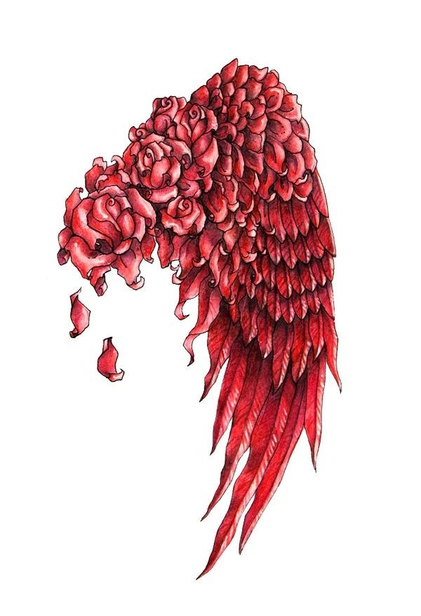 a drawing of a woman's head with red feathers and roses on her head