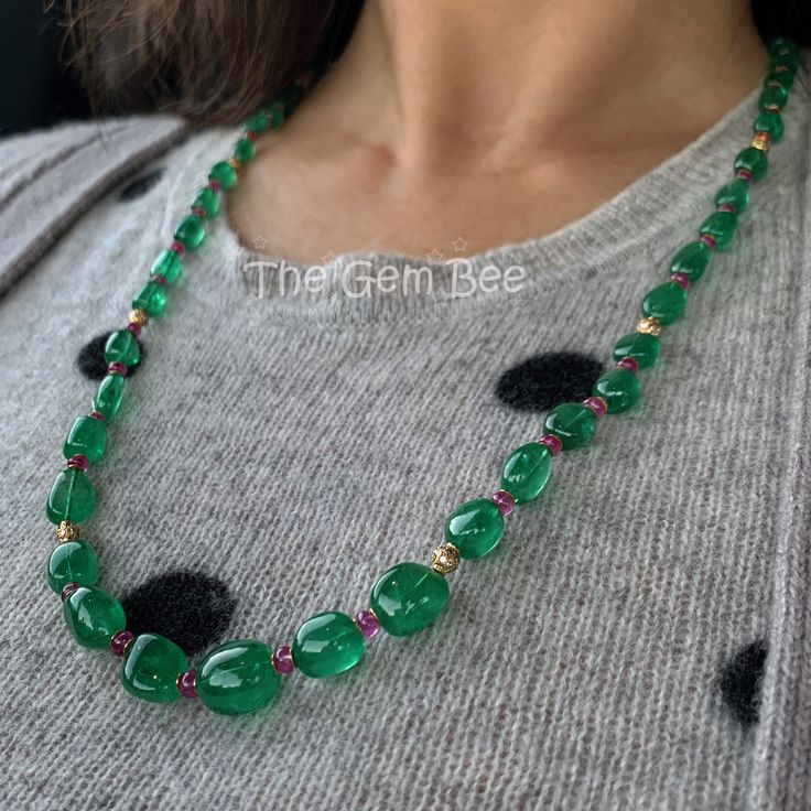 "DESCRIPTION: Thank you for coming in! Breath-taking Zambian emerald in the most beautiful and vibrant blue green color and with gem clarity which give it a glowing look you can only find in the best material! Decorated with the finest ruby rondelles and diamond accent! Made with 18k yellow gold and diamond findings! These are treasures you can collect and pass down through generations! Emeralds are even more valuable than diamonds because pure Emerald is very rare and is out numbered greatly by Green Briolette Emerald Necklace For Formal Occasions, Formal Green Briolette Emerald Necklace, Formal Briolette Green Emerald Necklace, Fine Jewelry Green Necklace With Stones, Exquisite Round Green Emerald Necklace, Exquisite Green Emerald Necklace For May Birthstone, Formal Green Emerald Gemstone Necklace, Fine Jewelry Green Emerald Necklace, Luxury Green Emerald Necklace With Stones