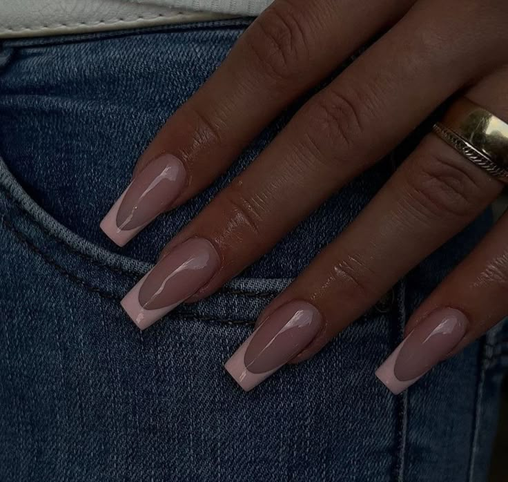 French Tip Coffin Design, Clean Birthday Nails, Light Pink French Tip Nails Ballerina, Simple Gel Nails Coffin, One Line French Nails, Nail Ideas Medium Length French Tip, Acrylic Nails Plain Color Simple, French Tips Square Long, Coffin Nails Pink French Tip