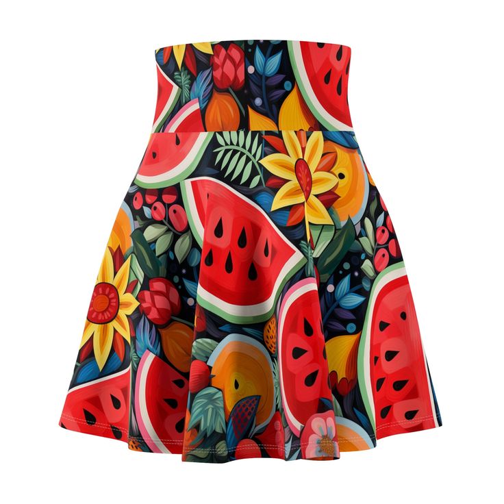 Add a splash of tropical delight to your wardrobe with our 'Fruity Fiesta' All-Over-Print Skirt by Amor4Life. This skirt is not just an apparel; it's a burst of summer vibes, adorned with a playful and artistic arrangement of colorful watermelons and pineapples in various shapes and sizes. Crafted for those who savor the sweetness of life and embrace the joy of self-expression, our 'Fruity Fiesta' Skirt is the perfect addition to your collection. The all-over-print design ensures that every inch of this skirt is a canvas of tropical delight, creating a visual feast that brings the essence of summer wherever you go. Let your style bloom with the freshness of tropical fruits in the 'Fruity Fiesta' Skirt. Elevate your wardrobe with Amor4Life's signature blend of comfort and artistic expressio Red Stretch Skirt For Vacation, Fitted Printed Mini Skirt For Summer, Casual Multicolor Printed Skirt, Summer Printed Skirt, Printed Mini Skirt For Vacation, High Waist Floral Mini Skirt For Summer, Flared Mini Skirt For Summer Beach, Flared Mini Skirt For Summer Beach Outing, Flared Mini Skirt For Beach In Summer