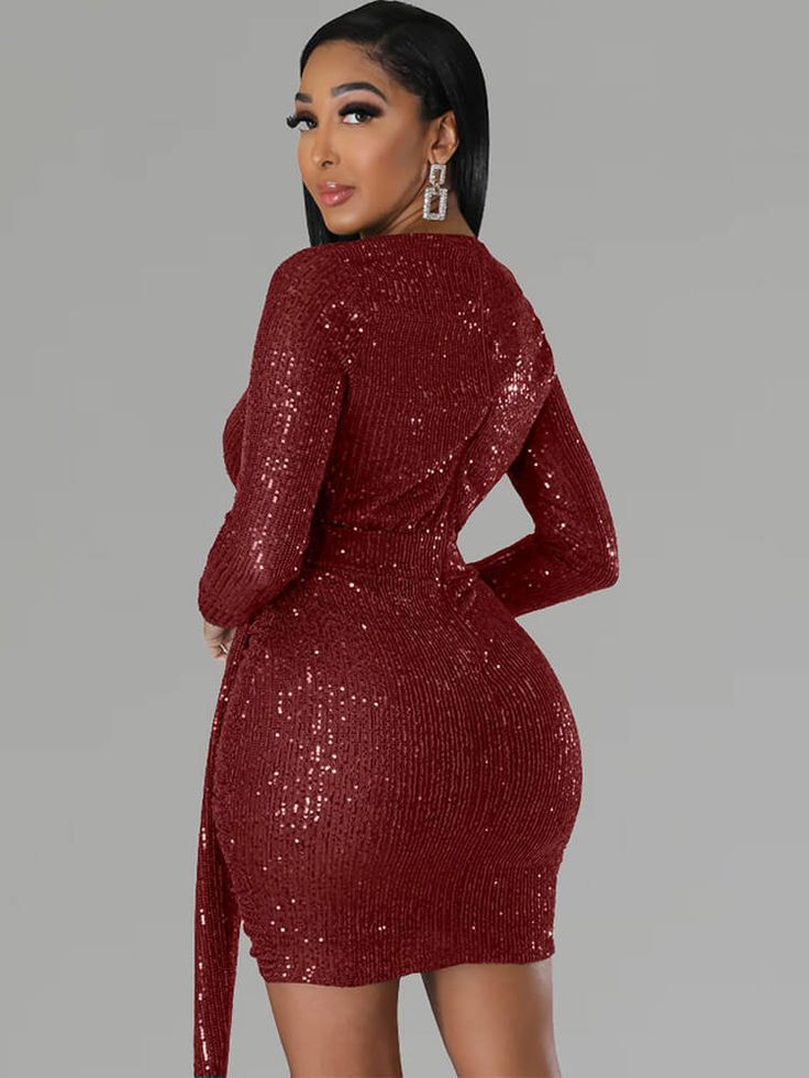 Material: Made of 90-95% Polyester & spandex.Feature: Sequin. long sleeve. v-neck. solid color. ruched. lined. bodycon. asymmetrical. mini dresses.Style: Party Stretch V-neck Long Sleeve Party Dress, Stretch Long Sleeve V-neck Party Dress, Stretch Long Sleeve V-neck Dress For Party, Ruched Bodycon Long Sleeve Dress For Party, V-neck Bodycon Long Sleeve Party Dress, Holiday Long Sleeve Bodycon Dress, Long Sleeve Bodycon Dress For Party Season, Long Sleeve Bodycon Dress For Club Holiday, Long Sleeve Bodycon Dress For Club And Holiday