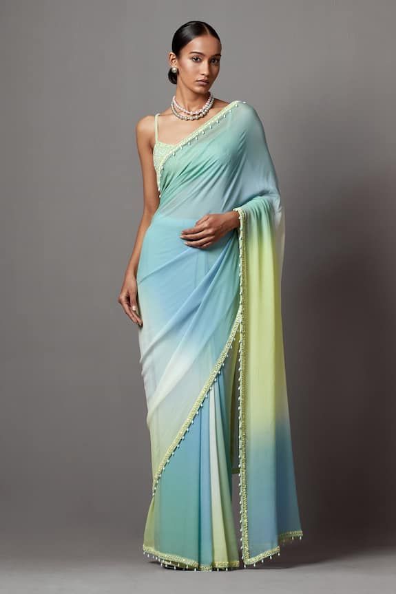 Mala and Kinnary Ombre Saree With Crystal Blouse | Women, Sarees, Classic Sarees, Blue, Sequin, Georgette, U-neck, Sleeveless at Aza Fashions Ombre Saree Color Combos, Ombre Outfits, Colourful Saree, Crystal Blouse, Modern Sari, Saree Casual, Ombre Saree, Saree Inspiration, Blue Sari