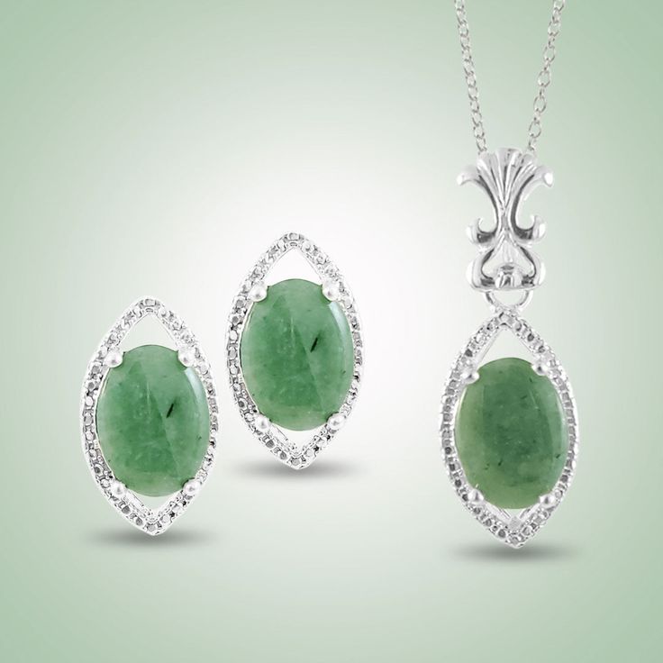 Beautiful set with detailed silver parts and sleek Jade centerpieces. Leaf Green Jade (10 x 7.5 mm) Sterling Silver (925) Length chain: 18" Lenght pendant: 1.1" Available in diferent Jade colors, on request ITEMS ARE AVAILABLE SEPARATELY SELECT SET OR INDIVIDUAL ITEMS Classic Jewelry With May Birthstone Gemstone Accents, Elegant Silver Emerald Necklace, Classic Silver Pendant Emerald Necklace, Formal Sterling Silver Jewelry With Gemstone Accents, Silver Oval Pendant With Emerald For May Birthstone, Silver Oval Pendant For May Birthstone, Silver Oval Pendant With Emerald, Sterling Silver Emerald Pendant Necklace For Formal Events, Hallmarked Silver Sterling Silver Emerald Necklace