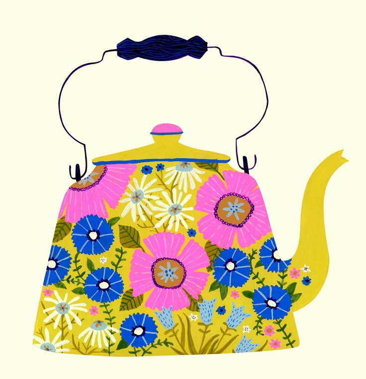 a teapot with flowers painted on it and a yellow handle is sitting in front of a white background