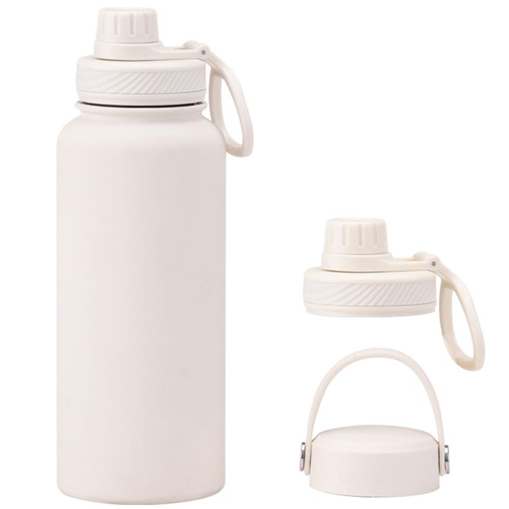 a white water bottle next to a plastic cup and carafe holder with the lid open