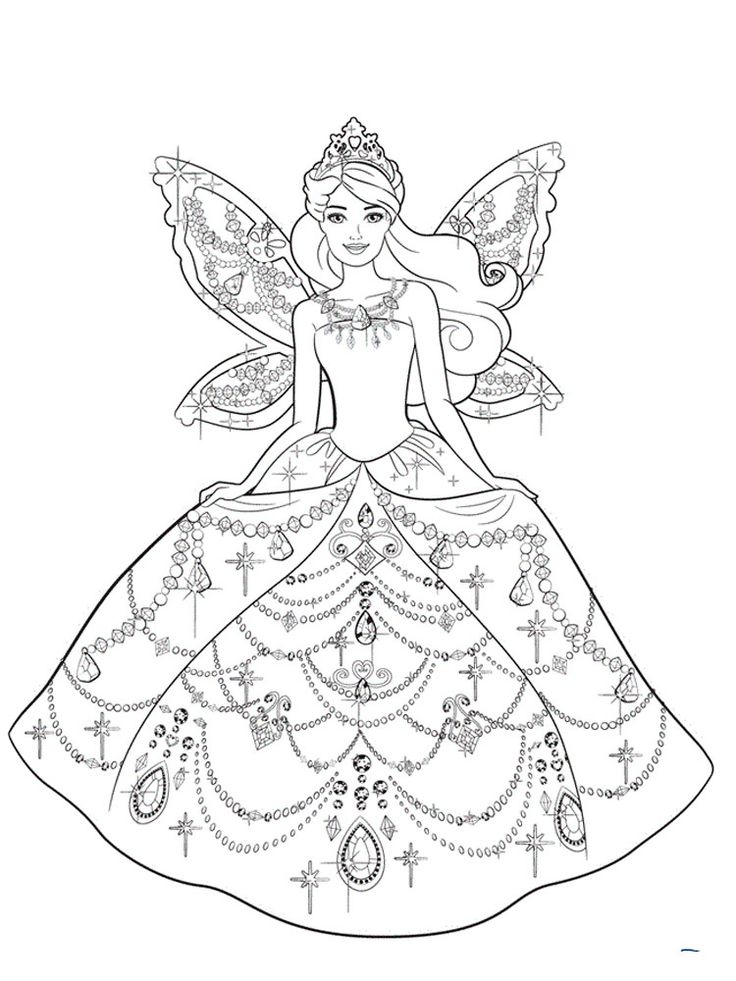 the barbie princess coloring page is shown in black and white, with an image of a fairy