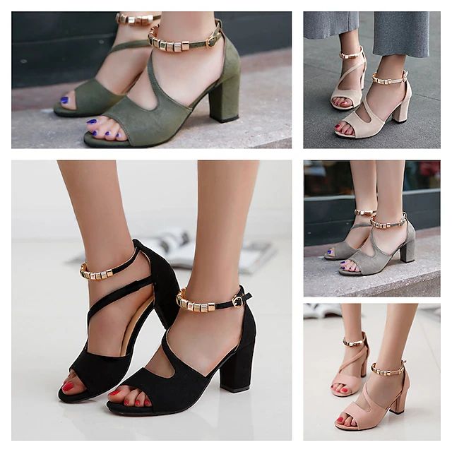 Mujer Sandalias Zapatos De Vestir Sandalias de Tacón Sandalias con correa en el tobillo Fiesta Oficina Diario Verano Talón de bloque Tacón Cuadrado Punta abierta Elegante Clásico Casual Ante Tira de 2023 - US $28.99 Trendy Block Heels, Heel Design, Block Heel Sandals, Elegant Casual, Classic Casual, Sandal Fashion, Dress Sandals, Designer Heels, Block Heels Sandal