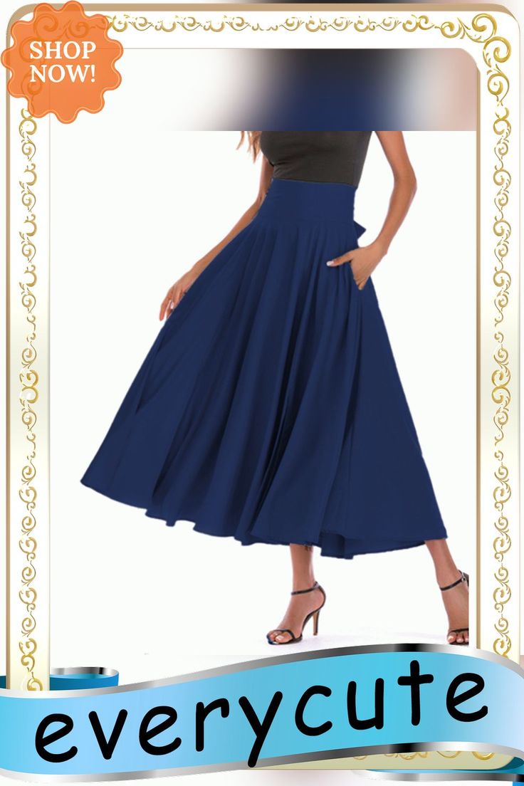 Navy Blue High Waisted Swing A-line Maxi Skirt A-line Pleated Skirt With Pockets, Chic A-line Maxi Skirt In Solid Color, Blue Solid Color Skirt, Blue Relaxed Skirt With Solid Color, Blue A-line Bottoms With Pockets, Blue A-line Maxi Skirt For Summer, Summer A-line Maxi Skirt With Pockets, Chic Blue A-line Maxi Skirt, Fitted Blue Skirt With Pockets