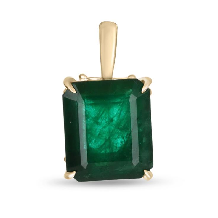 Displayed is a classic Colombian emerald solitaire necklace set in 14K yellow gold. This gorgeous solitaire pendant carries a large 4.92-carat emerald in a four-prong setting. The gem has a dark green color and very good luster. An ideal solitaire, perfect for everyday use!  Setting Style: Solitaire - Prong  Setting Material: 14K Yellow Gold Main Stone: Emerald Shape: Emerald Cut Approx Weight: 4.92-carats Color: Dark Green  Clarity: Translucent Luster: Very Good Origin: Brazil Treatments: Natural, Oiling Retail Price $9320.00 This masterpiece is made to order and takes 3-10 business days to craft. If you have a special request for a custom-created item please contact us at 1 800 840 6828. Complimentary shipping with the USA & Certification of Appraisal! 14k Gold Emerald Cut Solitaire Necklace, Timeless 14k Gold Emerald Cut Solitaire Necklace, Emerald Cut Solitaire Necklace In 14k Gold, Yellow Gold Emerald Cut Solitaire Necklace, Classic Emerald Pendant Necklace With Diamond Cut, Classic 14k Yellow Gold Emerald Necklace, Classic Diamond Cut Emerald Pendant Necklace, Classic Emerald Diamond Cut Pendant Necklace, Classic Yellow Gold Emerald Pendant Necklace