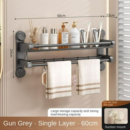 The towel rack in the bathroom is an adhesive-free multi-layer wall-mounted shelf for showering washing hands and storing items in the bathroom with suction cups., Size:single layer 60cm/ strong load-bearing/ suction cup installation, Gray Towel Shelf Bathroom, Towel Shelves, Bathroom Towel Shelf, Bathroom Lavatory, Towel Shelf, Pantry Room, Washing Hands, Black Towels, Towel Rack Bathroom