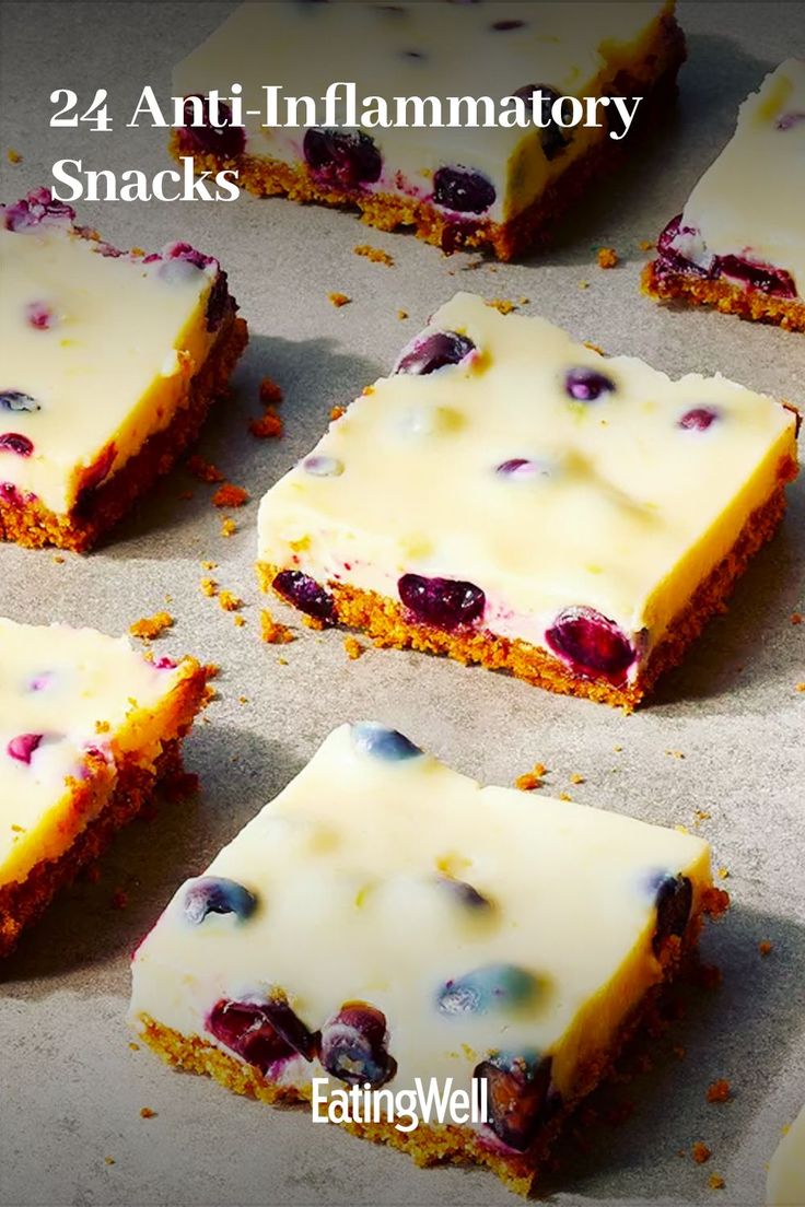 four pieces of cake sitting on top of a baking sheet with the words 24 anti - inflamatory snacks