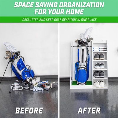 the before and after shots of a golf bag, with space saving organization for your home