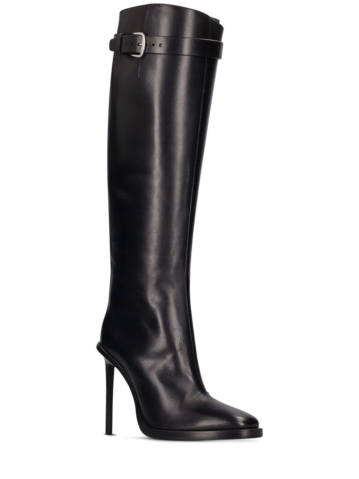 110mm Heel. Leather upper. Adjustable upper strap with buckle closure. Back zip closure. Leather lining and insole. Leather sole Black High Heel Boots, Ann Demeulemeester, Heel Boots, High Heel Boots, High Heel, Black Boots, Black Women, Leather Upper, High Heels