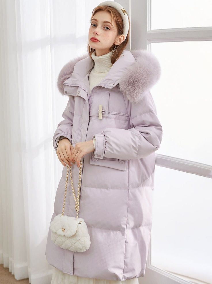 ❤fur hooded long down coat❤︎ Long Down Coat, College Bags, Heart Bag, Gift Of Time, Fur Hood, Down Coat, Pink Ribbon, Special Events, White And Black