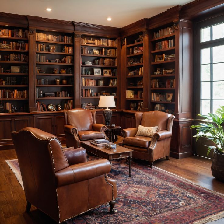 a living room filled with lots of brown furniture and bookshelves full of books