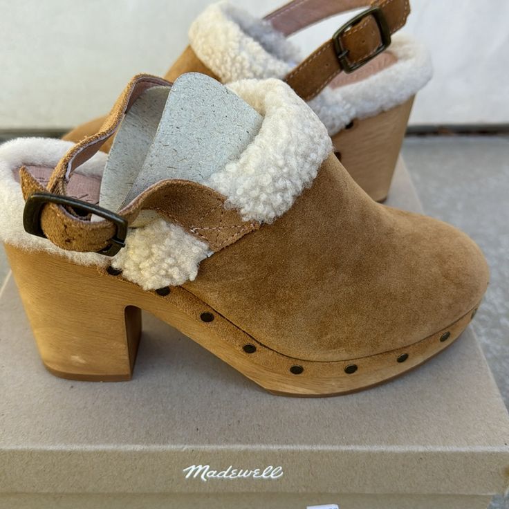 Brand New Madewell Shearling Clogs Size 7 Casual Shearling Clogs With Round Toe, Winter Clogs With Buckle Closure And Round Toe, Winter Suede Clogs With Round Toe, Winter Slip-on Clogs With Buckle Closure, Winter Buckle Closure Slip-on Clogs, Winter Clogs With Wooden Heel And Round Toe, Winter Suede Lined Round Toe Clogs, Winter Clogs With Suede Lining And Round Toe, Brown Shearling Clogs For Winter