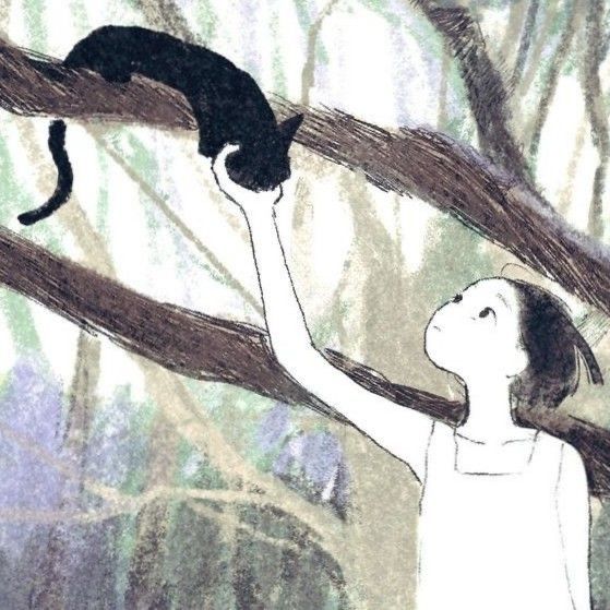 a drawing of a girl reaching up to a cat on a tree branch