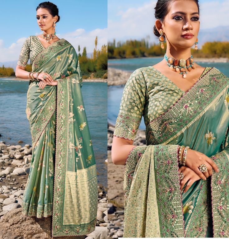 Classy and Elegant Pure Silk Saree Best for Gifting Someone Who is Special Your Mother, Sister, Wife Etc with free Shipping in USA and UK and Ready to Wear Blouse FABRIC : Pure Banarasi Silk Saree with Zari Embroidery Blouse with original moti , mirror and cut dana work Type : Designer Wear, Simple Wear, Traditional Pattern, Festive Wear Style : Indian Dress, Traditional Saree,Sarees For All Ocassion Stitch : Blouse Unstitched (Customize upto 42) Wash : Dry Clean Only Free Shipping Worldwide Note : Color Might be light in original Note : Those who want Stitched Blouse - Please Share Your Size details According to Measurement Chart Attached in it.Otherwise I have to send Unstitced piece. Green Semi-stitched Pre-draped Saree With Meenakari, Festive Pista Green Banarasi Silk Pre-draped Saree, Diwali Meenakari Pre-draped Saree In Dola Silk, Semi-stitched Paithani Silk Saree For Wedding, Meenakari Raw Silk Pre-draped Saree For Wedding, Meenakari Raw Silk Choli For Saree, Embroidered Fabric With Pallu For Transitional Wedding, Dola Silk Embroidered Fabric With Pallu For Wedding, Wedding Pre-draped Saree With Zari Weaving