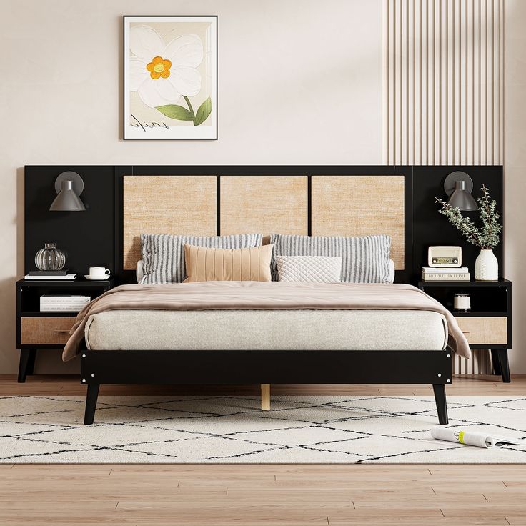 a bed sitting on top of a wooden floor next to a white and black wall