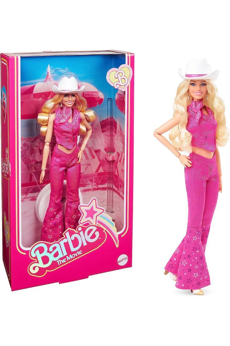 the barbie doll is wearing a pink outfit and cowboy hat with stars on her pants