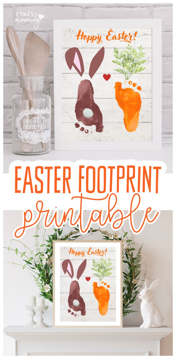 an easter printable is displayed on a mantle with bunny and carrots in the background