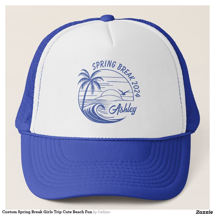 Let the spring break merriment sparkle with these personalized trucker hats! Celebrate your sun-kissed squad with this bright and bubbly design. Each hat features your chosen names nestled amidst beachy icons and playful fonts, inviting every sip to be a toast to friendship and adventure. Blue Letter Print Trucker Hat For Beach, Personalized Casual Trucker Hat For Summer, Personalized Fun Summer Trucker Hat, Beach Trucker Hat With Letter Print And Curved Bill, Personalized Adjustable Baseball Cap For Summer, Personalized Summer Baseball Cap With Curved Brim, Customizable Summer Trucker Hat For Beach, Personalized Summer Trucker Hat, Personalized Summer Trucker Hat With Curved Brim