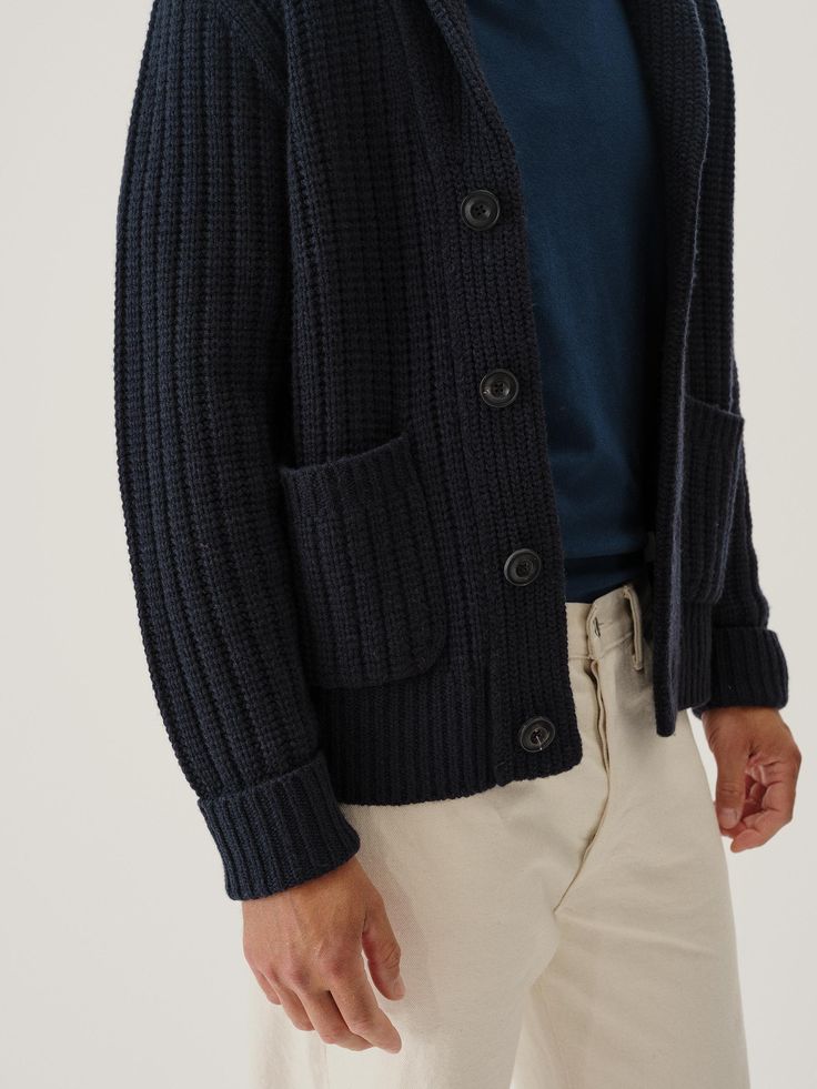 A classic shawl collar cardigan in a chunky, substantial wool yarn that’s soft to the touch. | Buck Mason Men's Herdsman Shawl Cardigan in Dark Navy, Size XS Classic Winter Chunky Knit Cardigan, Classic Chunky Knit Sweater Coat For Winter, Classic Wool Chunky Knit Cardigan, Classic Chunky Knit Winter Outerwear, Classic Chunky Knit Outerwear For Winter, Wool Chunky Knit Cardigan For Work, Chunky Knit Wool Cardigan For Work, Casual Chunky Knit Merino Wool Outerwear, Mens Cardigan Outfit