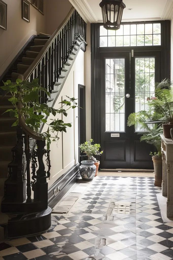 an entryway with black and white checkered tile flooring, potted plants and stairs