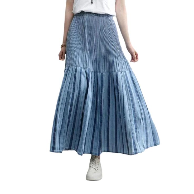 Add a touch of vintage-inspired chic to your Spring-Summer wardrobe with this pleated light blue denim skirt from our 2023 Collection!Why You'll Love It: 90s Style: Tap into the nostalgia of the '90s with this timeless piece. merging elegance and grunge. Light Wash: Reach for the stars with this pastel-tinted masterpiece. adding a subtle touch to your look. Pleated: The careful pleats bring out the perfect feminine silhouette. adding plenty of character to your style. Mid-Waist: Flatter your fig Trendy Long Denim Skirt For Summer, Trendy Denim Blue Summer Skirt, Blue Denim Skirt For Spring, Summer Denim Skirt With Relaxed Fit, Trendy Relaxed Denim Skirt For Summer, Trendy Relaxed Fit Denim Skirt For Summer, Pleated Denim Blue Cotton Skirt, Denim Blue Cotton Pleated Skirt, Spring Denim Blue Skirt