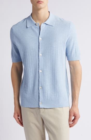 Crafted with subtle ribbing, this sweater-knit button-up pairs the softness of cotton with the smartness of a classic rolled collar. 26 1/2" length (size Medium) Spread collar Short sleeves 55% cotton, 45% acrylic Machine wash, dry flat Imported Rolled Collar, Winter Sky, Knit Short, Knit Shorts, Short Sleeve Button Up, Sweater Knit, Button Up Shirts, Knitted Sweaters, Top Shirt