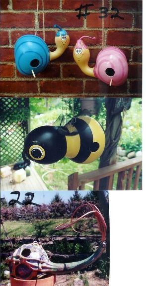 four different pictures of various items hanging on a brick wall, including an insect and snail sculpture