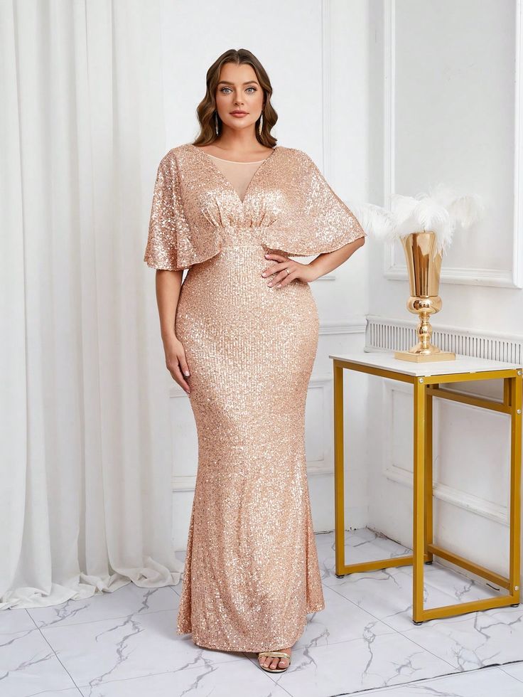 Plus Size Sequin Mermaid Sheath Evening Party Dress Gold Party  Cap Sleeve Sequins Plain,All Over Print Fitted High Stretch All Weddings & Events, size features are:Bust: ,Length: ,Sleeve Length: Formal Cocktail Party, Sequin Formal Dress, 파티 드레스, Sequin Decor, Gold Party, Cocktail Party Dress, Sequin Beading, Evening Party Dress, Inspiration Mode