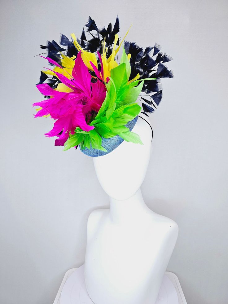 From the 2024 Featured Milliner of the Kentucky Derby Museum  Gorgeous Kentucky Derby hat fascinator  kentucky derby hat fascinator light blue sinamay with rainbow feathers navy blue hot pink yellow and green stretch  headband attachment each hat is totally one of a kind! no two are alike! I can probably add feathers, flowers etc to existing hats for a small fee. I cannot remove anything from existing hats. Just message me and see if we can make it work! :) I cannot make custom order from scratc Multicolor Feathered Fascinator For Kentucky Derby, Multicolor Feather Fascinator For Kentucky Derby, Multicolor Kentucky Derby Headpiece, Multicolor Costume Hats For Royal Ascot Races, Multicolor Costume Hats And Headpieces For Royal Ascot, Multicolor Summer Fascinator For Races, Derby Hats Fascinators, Green Feather, Colorful Sky